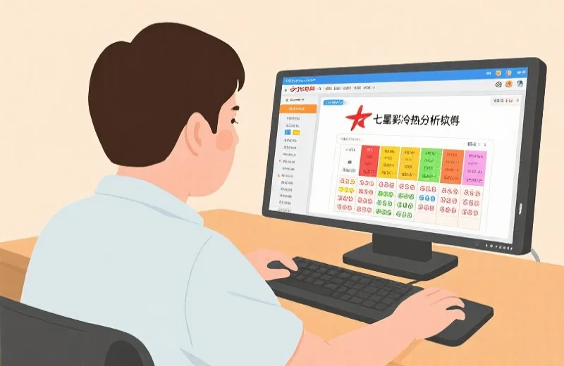 一位用户正在电脑前操作七星彩冷热号分析软件的场景插画
